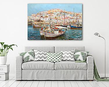 Csónakok a sziget kikötőjén, kézzel készített festészet (vászonkép) - vászonkép, falikép otthonra és irodába