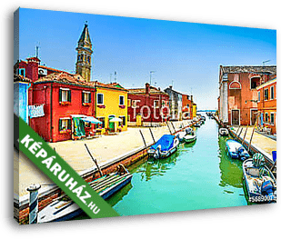Velencei mérföldkő, Burano csatorna, házak, templom és hajók, Ol - vászonkép 3D látványterv
