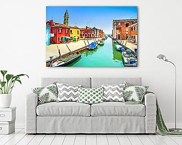 Velencei mérföldkő, Burano csatorna, házak, templom és hajók, Ol (vászonkép) - vászonkép, falikép otthonra és irodába