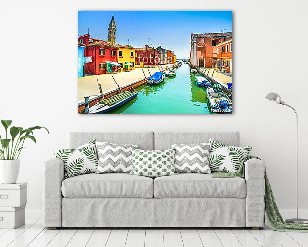 Velencei mérföldkő, Burano csatorna, házak, templom és hajók, Ol (poszter) - vászonkép, falikép otthonra és irodába