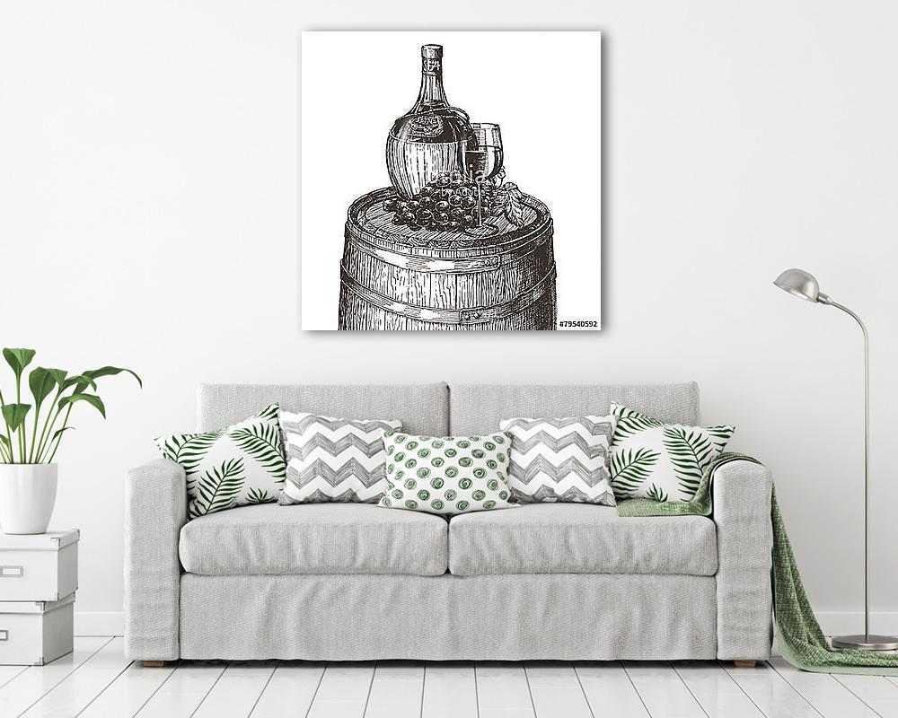 Boros üveg pohárral és szőlővel egy hordón (fotótapéta) - vászonkép, falikép otthonra és irodába