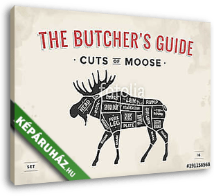 Cut of meat set. Poster Butcher diagram, scheme - Moose. Vintage - vászonkép 3D látványterv