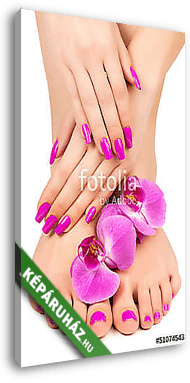 pink manicure and pedicure with a orchid flower - vászonkép 3D látványterv