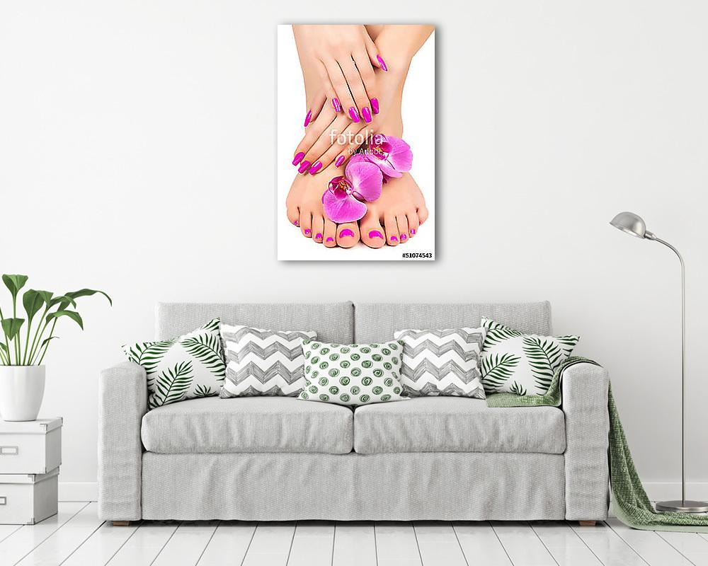 pink manicure and pedicure with a orchid flower (többrészes kép) - vászonkép, falikép otthonra és irodába