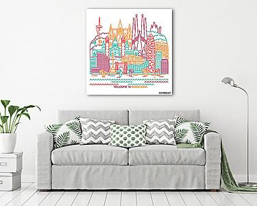 Barcelona skyline detailed silhouette. Vector line illustration (vászonkép) - vászonkép, falikép otthonra és irodába