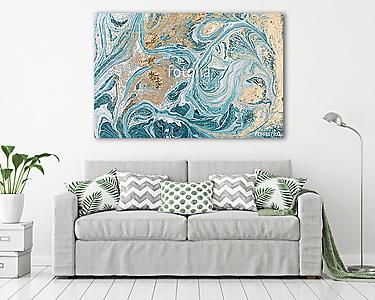 Marble abstract acrylic background. Blue marbling artwork texture. Golden glitter. (vászonkép) - vászonkép, falikép otthonra és irodába