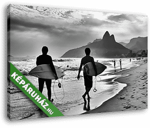 Scenic black and white view of Rio de Janeiro, Brazil with Brazilian surfers walking along the shore of Ipanema Beach - vászonkép 3D látványterv