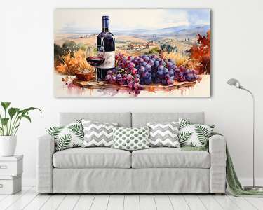 Szőlő borral és őszi tájképpel 3. (vizfesték effekt) (vászonkép) - vászonkép, falikép otthonra és irodába