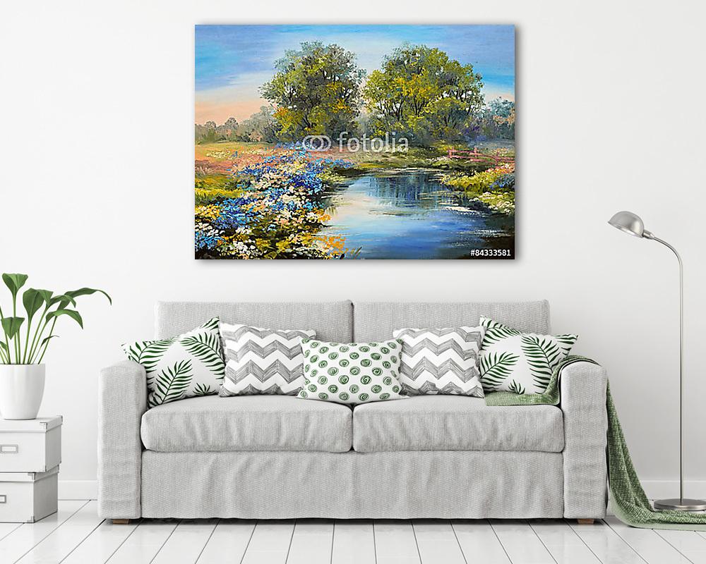 Folyó az erdő mellett virágokkal (olajfestmény reprodukció) (fotótapéta) - vászonkép, falikép otthonra és irodába