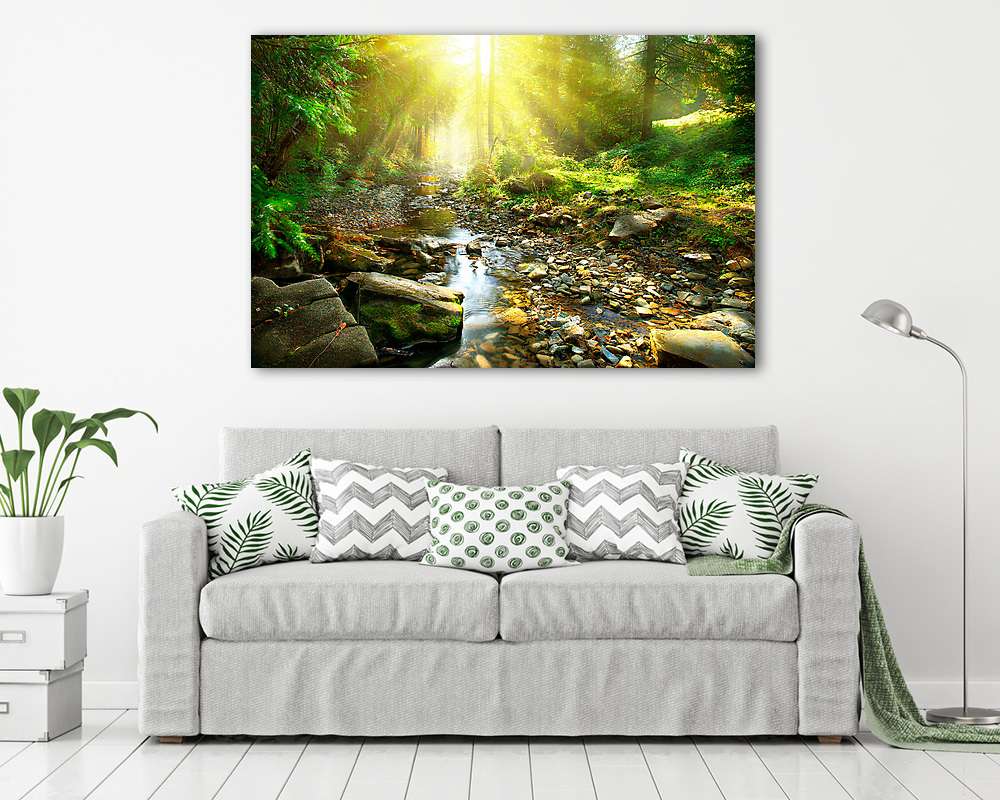 Hegyi folyó. Csendes táj a zöld erdő közepén - vászonkép, falikép vásárlás Hegyi folyó. Csendes táj a zöld erdő közepén (vászonkép) - vászonkép, falikép otthonra és irodába