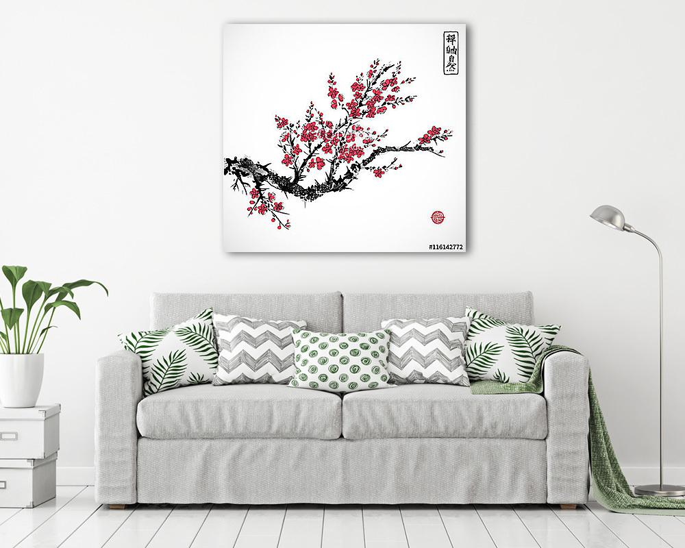 Keleti vörös sakura cseresznyefa virágban fehér alapon.  (fotótapéta) - vászonkép, falikép otthonra és irodába