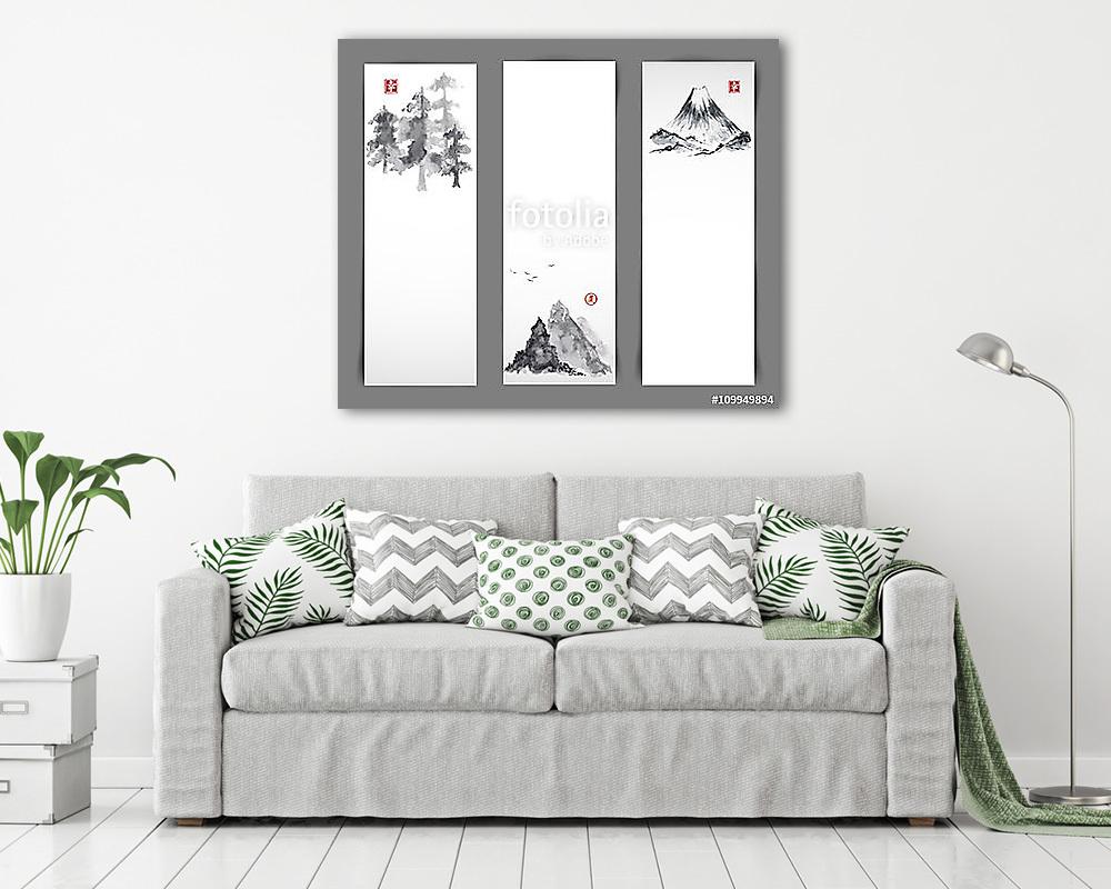Három bannerek hegyekkel és erdőkkel. A hagyományos japánok (bögre) - vászonkép, falikép otthonra és irodába