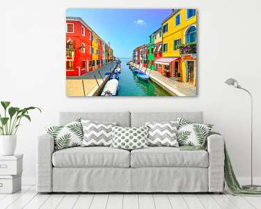 Velencei mérföldkő, Burano sziget-csatorna, színes házak és csón (vászonkép) - vászonkép, falikép otthonra és irodába