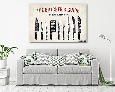 Meat cutting knives set. Poster Butcher diagram and scheme (vászonkép) - vászonkép, falikép otthonra és irodába