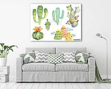 Watercolor tropical cactus hand drawn illustration set isolated  (vászonkép) - vászonkép, falikép otthonra és irodába