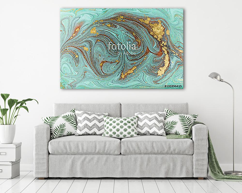 Marble abstract acrylic background. Nature green marbling artwork texture. Golden glitter. (bögre) - vászonkép, falikép otthonra és irodába