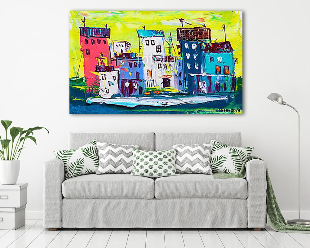Absztrakt színes házak (olajfestmény reprodukció) - vászonkép, falikép vásárlás Absztrakt színes házak (olajfestmény reprodukció) (többrészes kép) - vászonkép, falikép otthonra és irodába