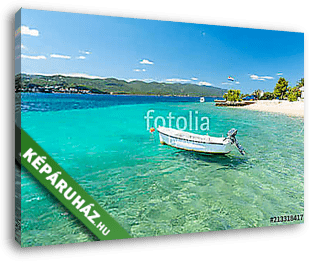 blue adriatic sea with boat on Peljesac peninsula in Dalmatia, Croatia - vászonkép 3D látványterv