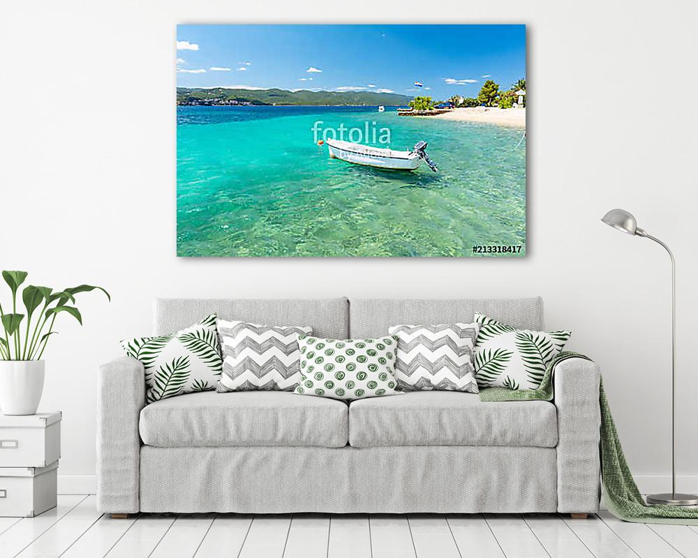 blue adriatic sea with boat on Peljesac peninsula in Dalmatia, Croatia (többrészes kép) - vászonkép, falikép otthonra és irodába