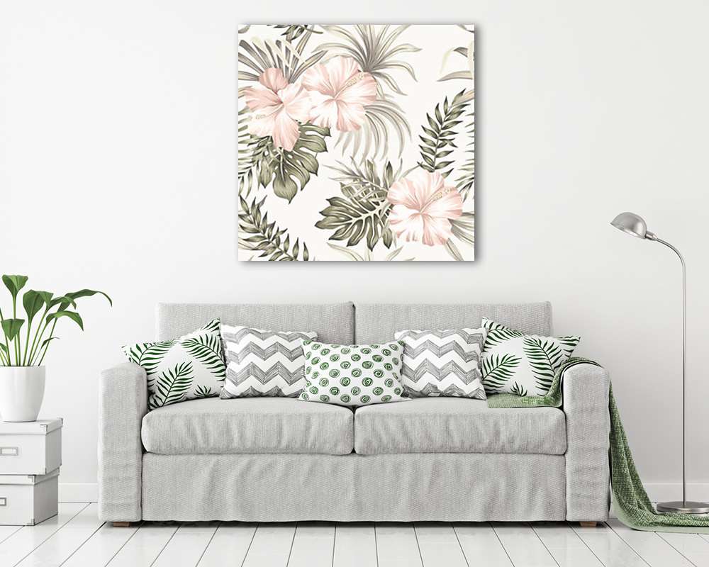Hibiszkusz virágos pattern világos háttéren levelekkel - vászonkép, falikép vásárlás Hibiszkusz virágos pattern világos háttéren levelekkel (vászonkép) - vászonkép, falikép otthonra és irodába