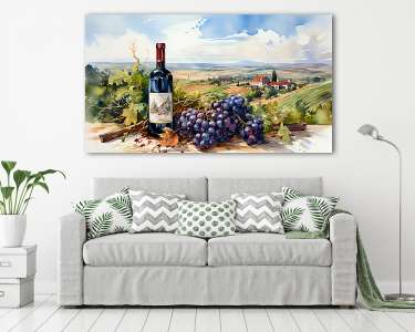 Szőlő borral és őszi tájképpel 4. (vizfesték effekt) (vászonkép) - vászonkép, falikép otthonra és irodába