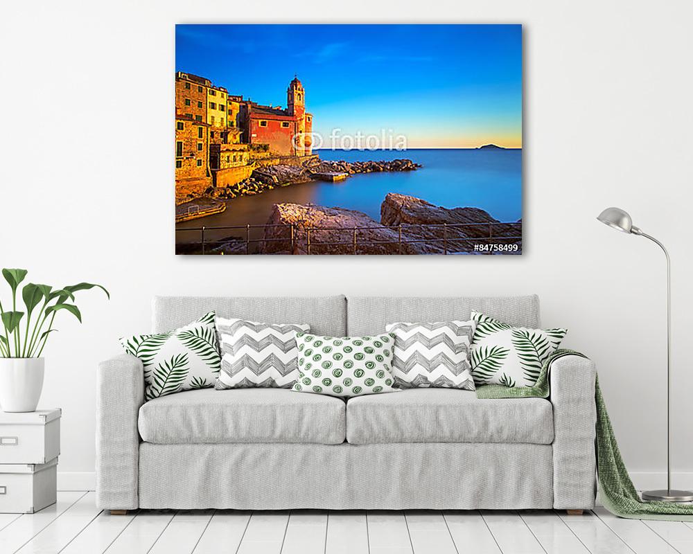Tellaro sziklák, templom és falu naplementében. Cinque terre, Li (bögre) - vászonkép, falikép otthonra és irodába