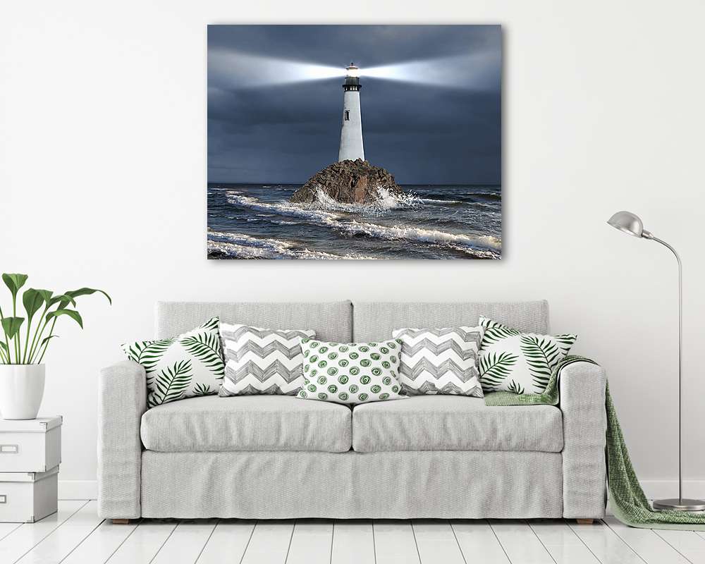 Világítótorony fénysugárral (keretezett kép) - vászonkép, falikép otthonra és irodába