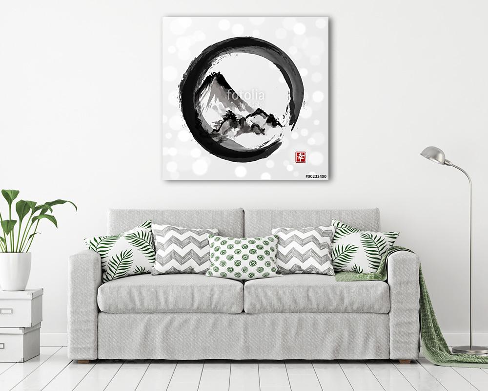 Fehér Fujiyama a fekete enso körben  (keretezett kép) - vászonkép, falikép otthonra és irodába