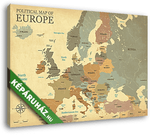 Európa nagyvárosa térképe - Vintage texture - English / US langu - vászonkép 3D látványterv