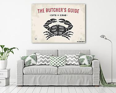 Cut of meat set. Poster Butcher diagram and scheme - Crab. Vinta (vászonkép) - vászonkép, falikép otthonra és irodába