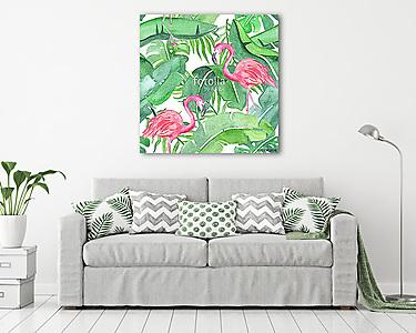 Tropical leaves and flamingo saemless pattern (vászonkép) - vászonkép, falikép otthonra és irodába