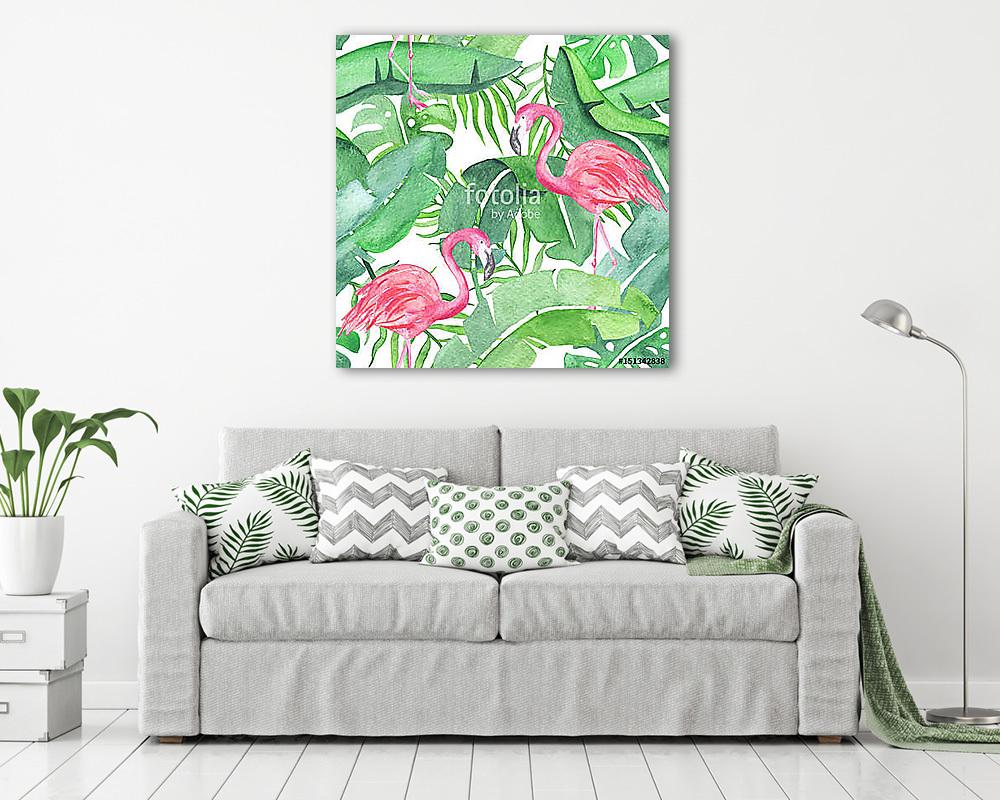Tropical leaves and flamingo saemless pattern (többrészes kép) - vászonkép, falikép otthonra és irodába