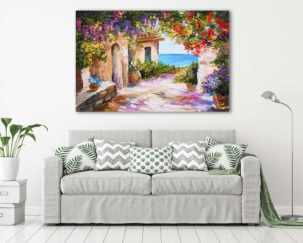 Nyári utcakép virágokkal(olajfestmény reprodukció) - vászonkép, falikép vásárlás Nyári utcakép virágokkal(olajfestmény reprodukció) (keretezett kép) - vászonkép, falikép otthonra és irodába