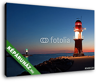 Világítótornyok éjjel a Balti-tengeren, a kikötőbejáratnál Warne - vászonkép 3D látványterv