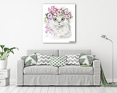 Aranyos macska illusztráció virágokkal (vászonkép) - vászonkép, falikép otthonra és irodába