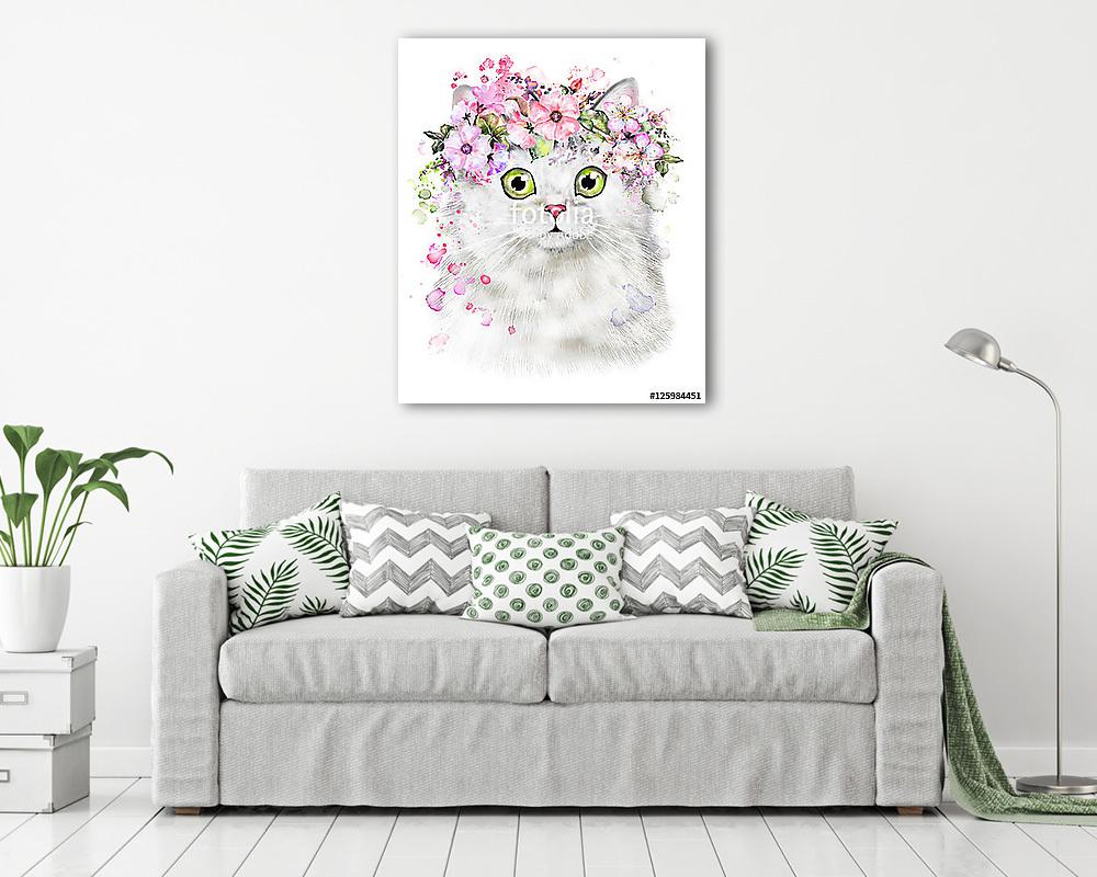 Aranyos macska illusztráció virágokkal - vászonkép, falikép vásárlás Aranyos macska illusztráció virágokkal (vászonkép) - vászonkép, falikép otthonra és irodába