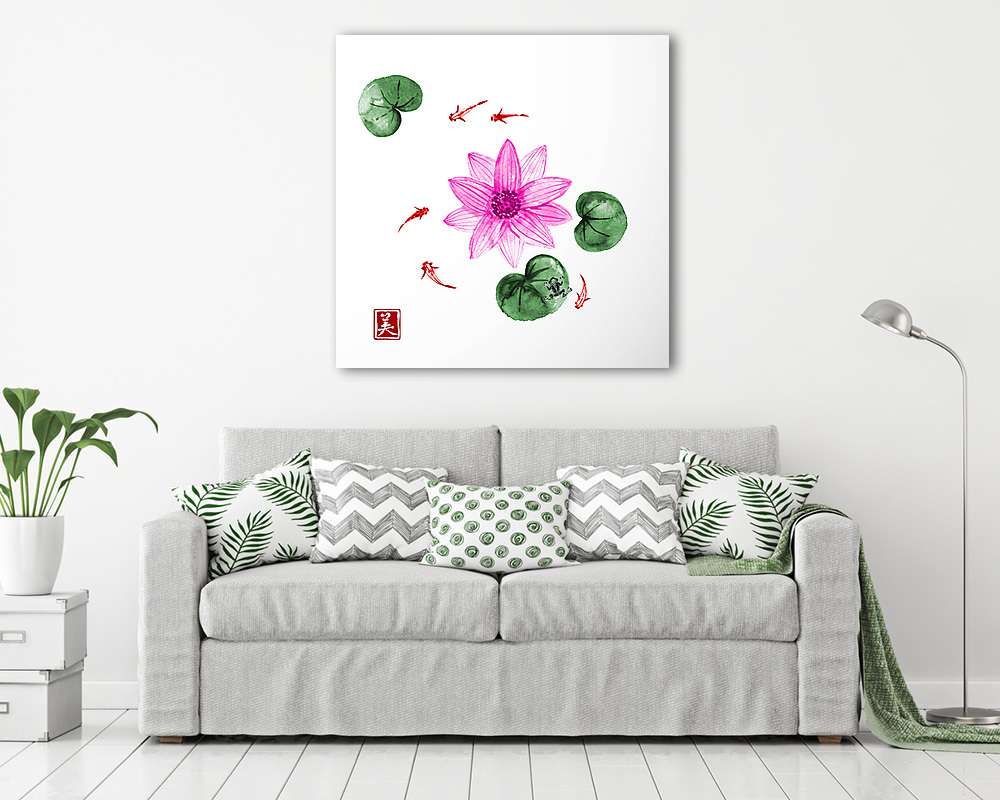 Lótusz virágok és kis halak a tóban, japán rajz - vászonkép, falikép vásárlás Lótusz virágok és kis halak a tóban, japán rajz (fotótapéta) - vászonkép, falikép otthonra és irodába