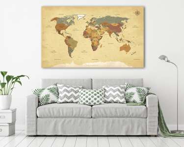 Textured szüreti világtérkép - angol / amerikai címkék - Vector  (vászonkép) - vászonkép, falikép otthonra és irodába