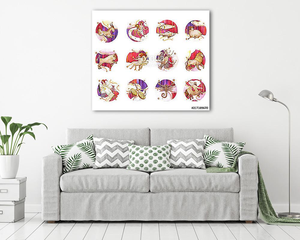 Set of twelve signs of the zodiac, watercolor in retro style. Is (vászonkép) - vászonkép, falikép otthonra és irodába