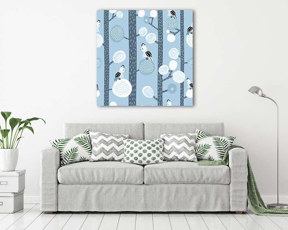 Harkályos-erdős tapétaminta (kék verzió) (keretezett kép) - vászonkép, falikép otthonra és irodába