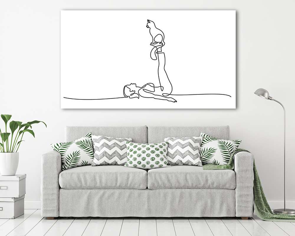 Cica és gazdája tornázik (vonalrajz, line art) - vászonkép, falikép vásárlás Cica és gazdája tornázik (vonalrajz, line art) (vászonkép) - vászonkép, falikép otthonra és irodába