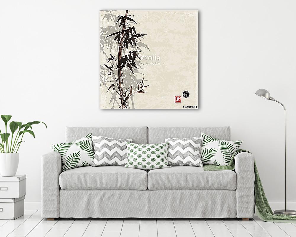 Bambusz kártya szüreti háttérrel sumi-e stílusban. Kézzel dra (többrészes kép) - vászonkép, falikép otthonra és irodába