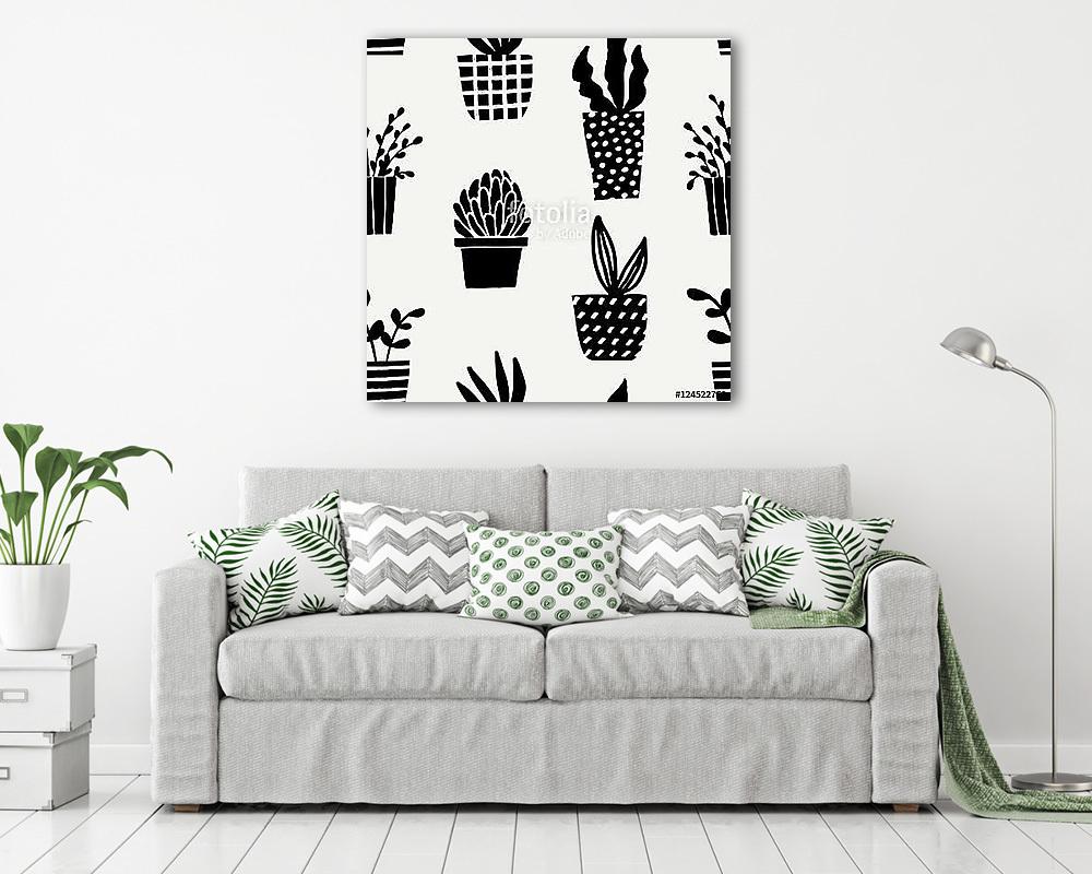 Succulent Plant Pots Seamless Pattern (keretezett kép) - vászonkép, falikép otthonra és irodába