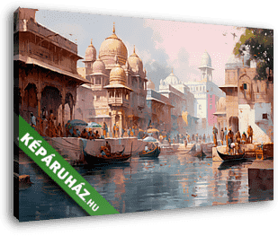 Varanasi Indiában a Gangesz mellett (vízfesték effekt) - vászonkép 3D látványterv