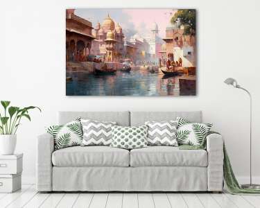 Varanasi Indiában a Gangesz mellett (vízfesték effekt) (vászonkép) - vászonkép, falikép otthonra és irodába