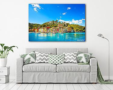 Portofino luxus falu mérföldkő, panorámás kilátás. Liguria, Olas (vászonkép) - vászonkép, falikép otthonra és irodába