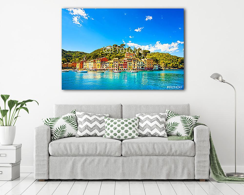Portofino luxus falu mérföldkő, panorámás kilátás. Liguria, Olas - vászonkép, falikép vásárlás Portofino luxus falu mérföldkő, panorámás kilátás. Liguria, Olas (bögre) - vászonkép, falikép otthonra és irodába