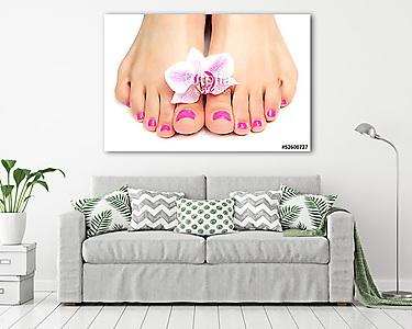 pink pedicure with a orchid flower (vászonkép) - vászonkép, falikép otthonra és irodába