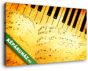 Zongora billentyűzet és zenei lemezek vintage stílusban - vászonkép 3D látványterv