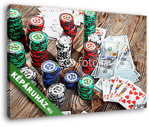 Zsetonok, kártyák és pénzpóker - vászonkép 3D látványterv